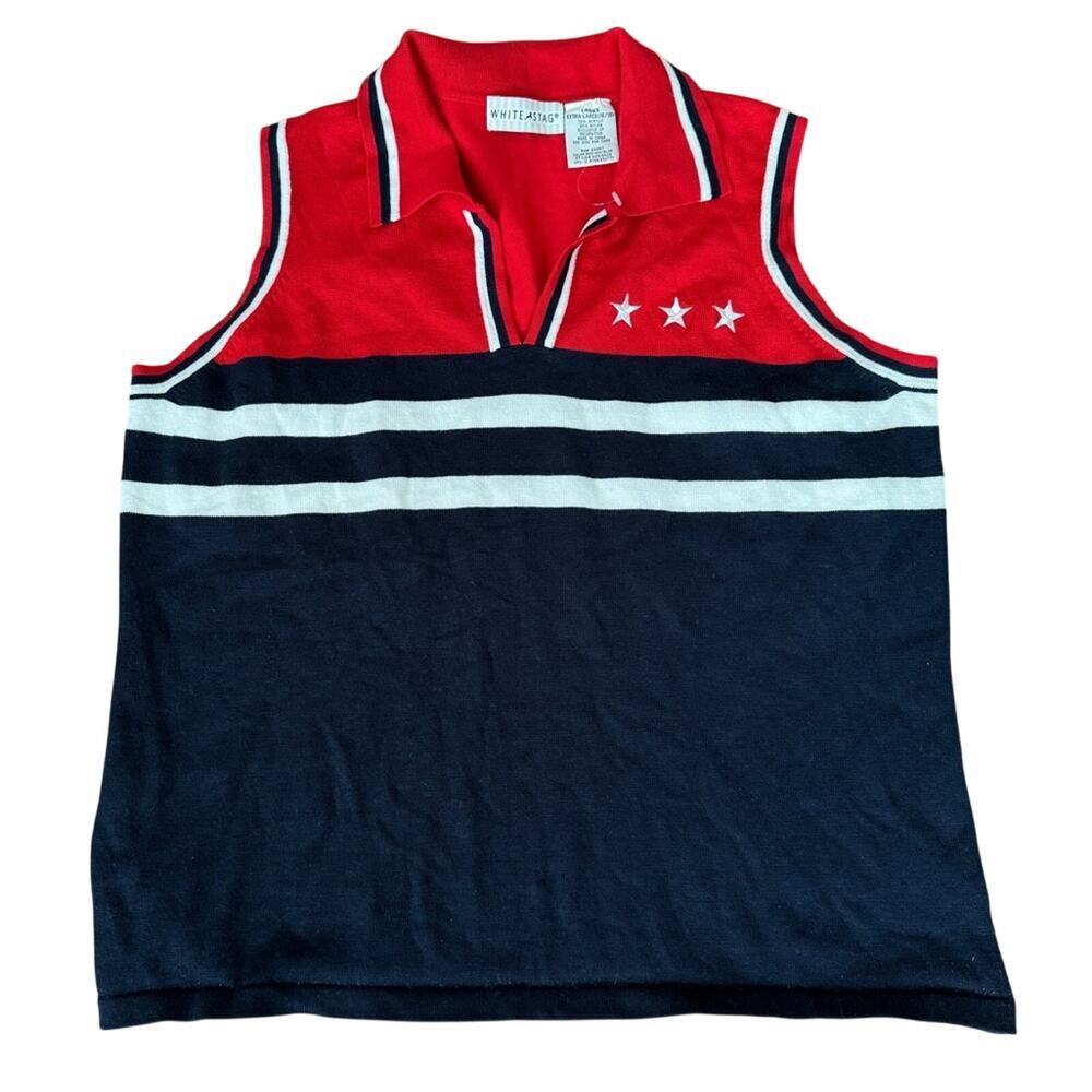 White Stag Red White & Blue USA Stars Stripes Knit Sleeveless Sweater Size XL